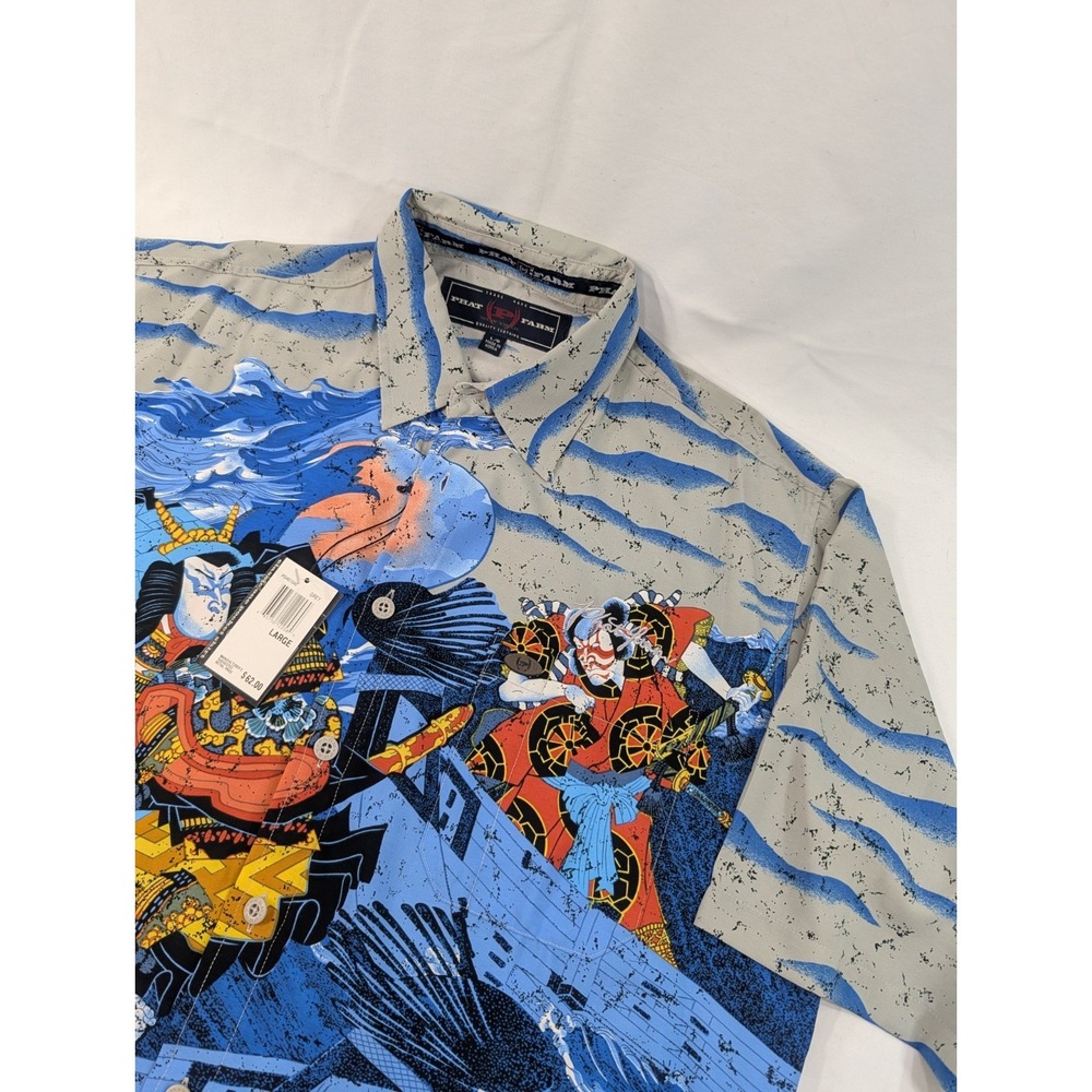 New Vintage Phat Farm Men's Button Up Japanese Samurai Warrior Anime Shirt Large